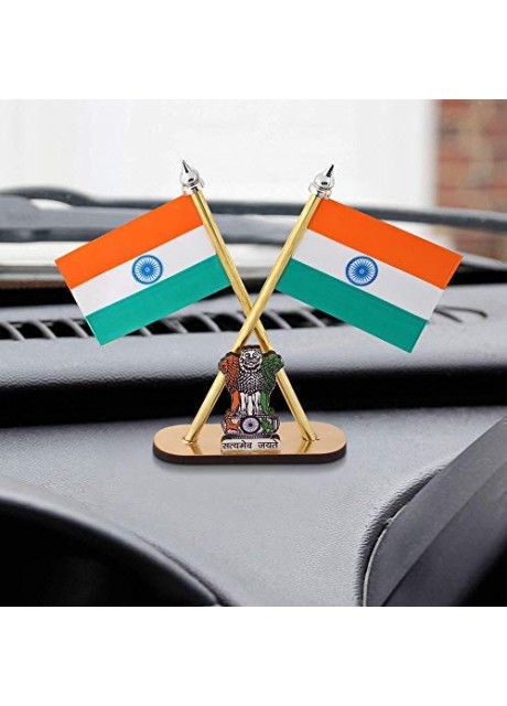 Voila Car Dashboard Indian Flag Cross Design Stand Satyamev Jayate Symbol Stand for Car Standard
